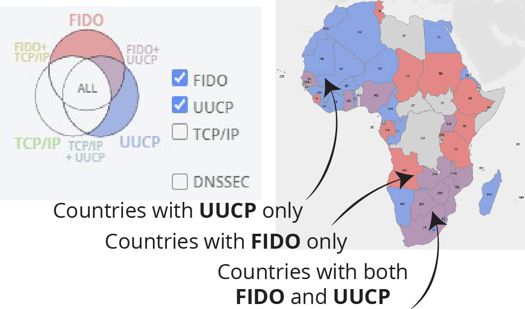 The countries and legend with both FIDO and UUCP selected